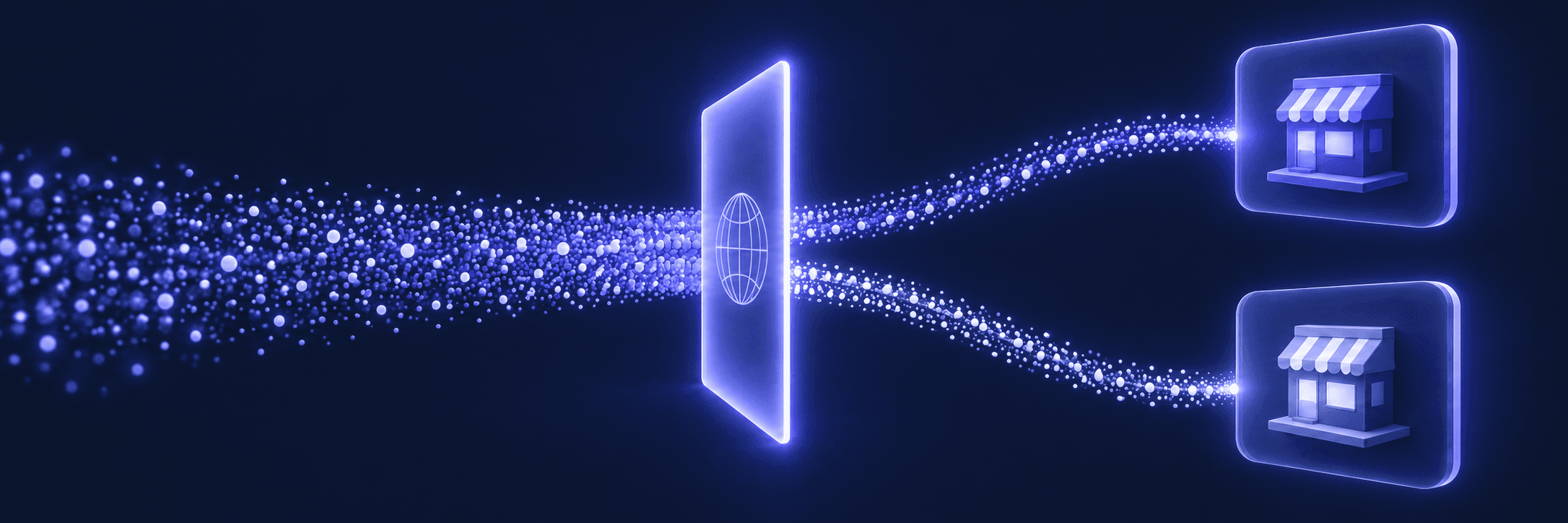An illustration of one stream of light entering from the left, passing through a single glowing gateway marked with a globe, and splitting into two clean paths that each end at a storefront.