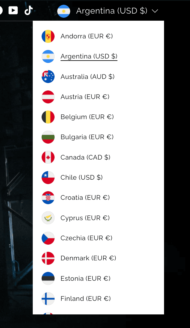 The previous region switcher, an alphabetical list of every country from Andorra onwards, with Argentina selected.