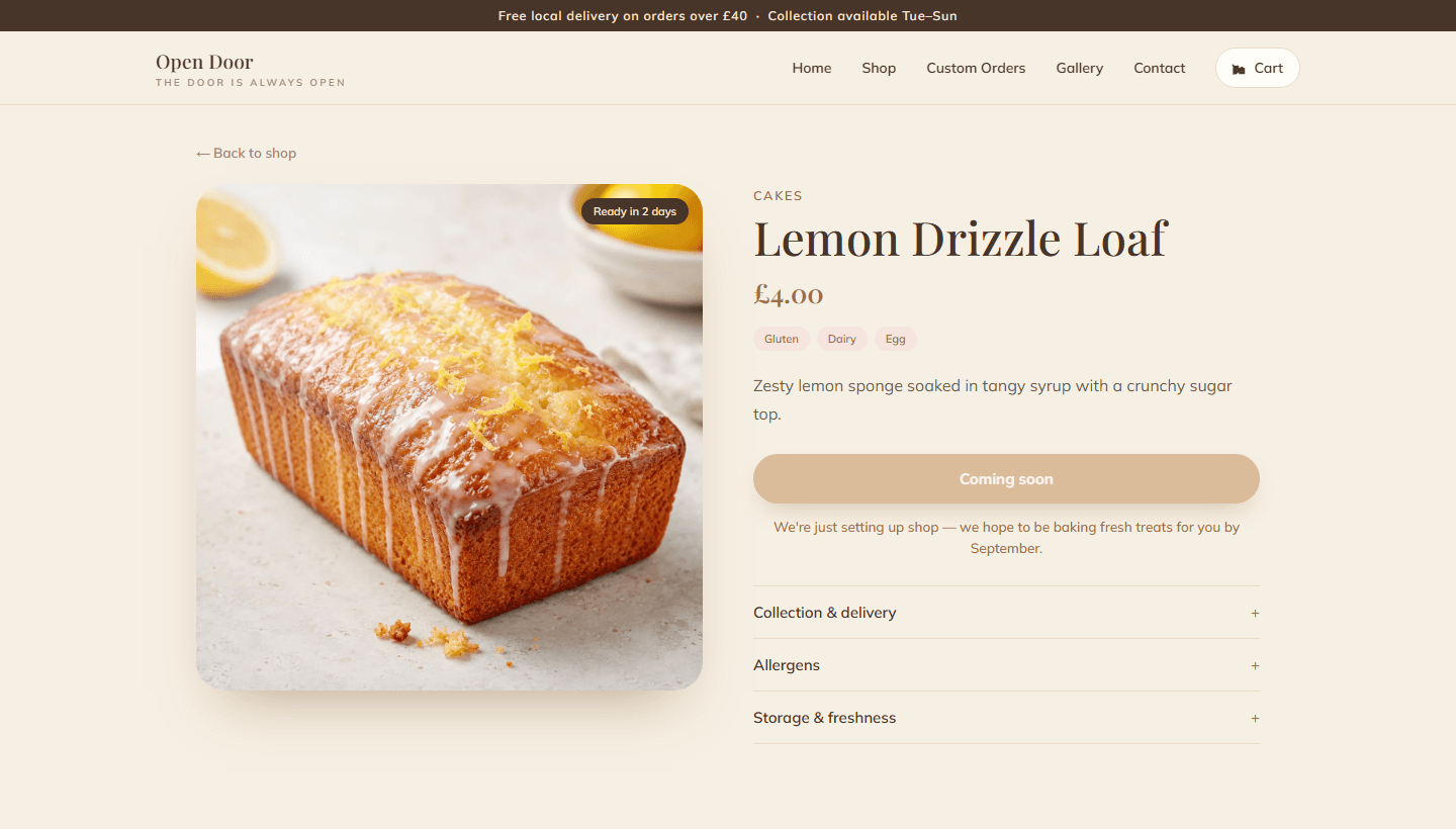 A product page for a lemon drizzle loaf at £4. A badge on the photograph reads Ready in 2 days, allergens are tagged beneath the price, and the buy button reads Coming soon.