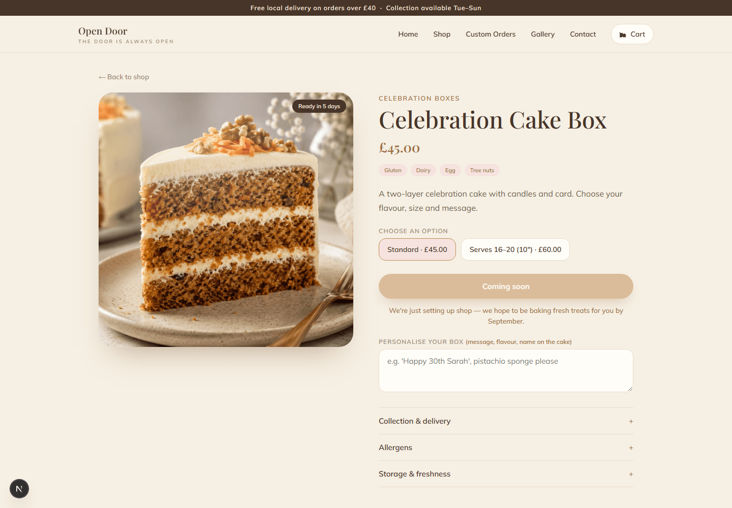 A celebration cake box at £45, with a second size serving 16 to 20 at £60, four allergen tags, and a free-text box for the message and flavour to be written on the cake.