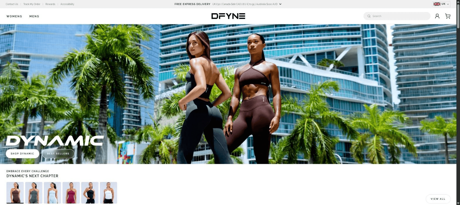The DFYNE homepage: a full-bleed photograph of two athletes, the word DYNAMIC set over it, and two buttons reading Shop Dynamic and Best Sellers, with the site header above.