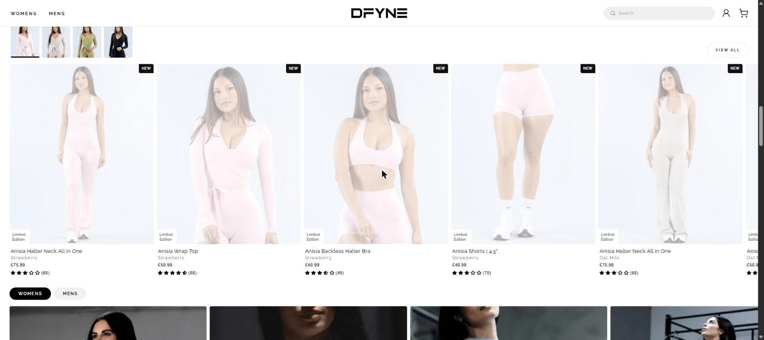 The product section again, headed Anisia X DFYNE, with four colourway thumbnails and a rail of Limited Edition products.