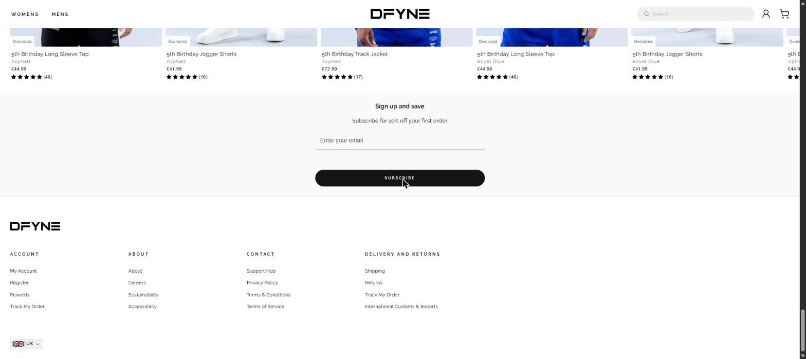 The foot of the page: a Sign up and save block offering 10% off a first order, above the footer with account, about, contact and delivery columns.
